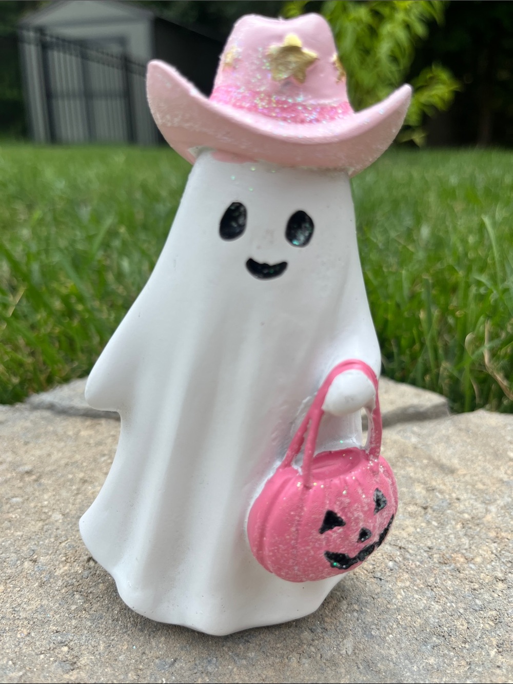Pink Cowboy Hat Ghost Figurine - Cute Halloween Home Accent